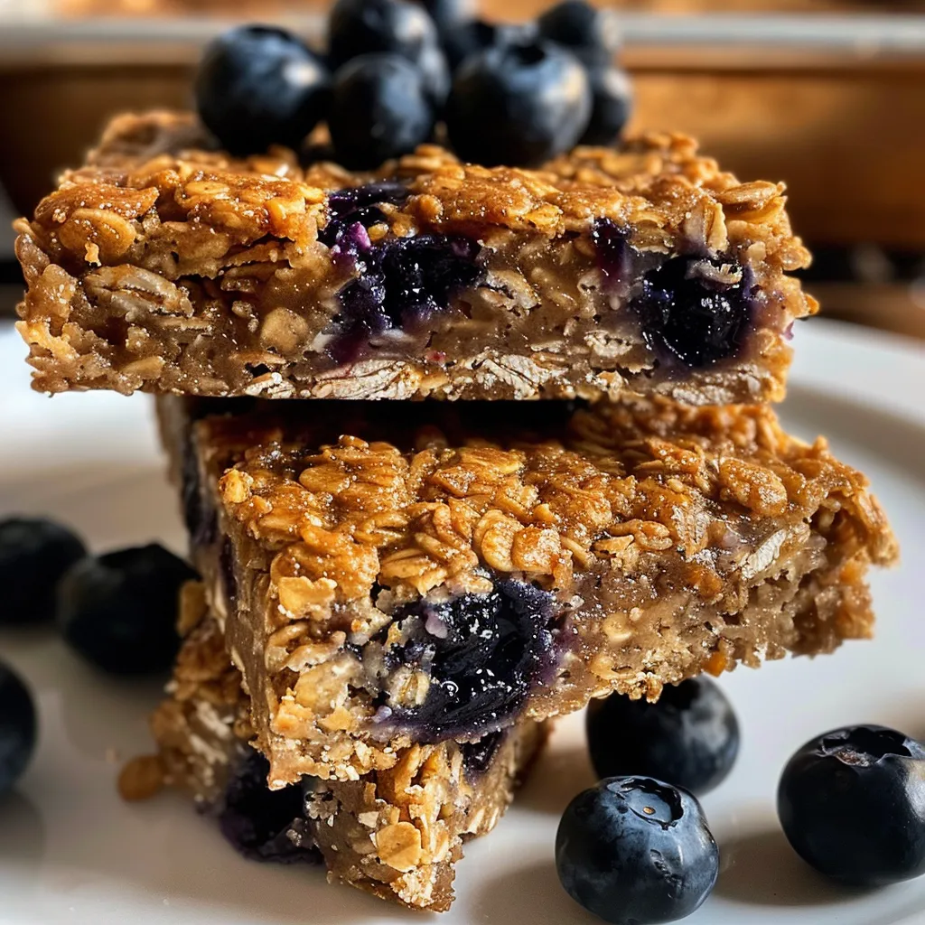 A detailed image of homemade blueberry oat breakfast bars with visible oats and fresh blueberries, captured in natural light.