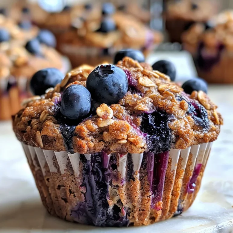 Close-up view of a moist blueberry oatmeal muffin with a golden-brown top.