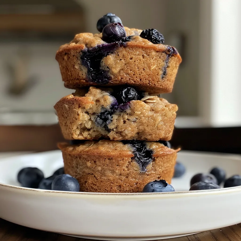 Side angle of a freshly baked blueberry oatmeal muffin showcasing its soft texture and blueberries.