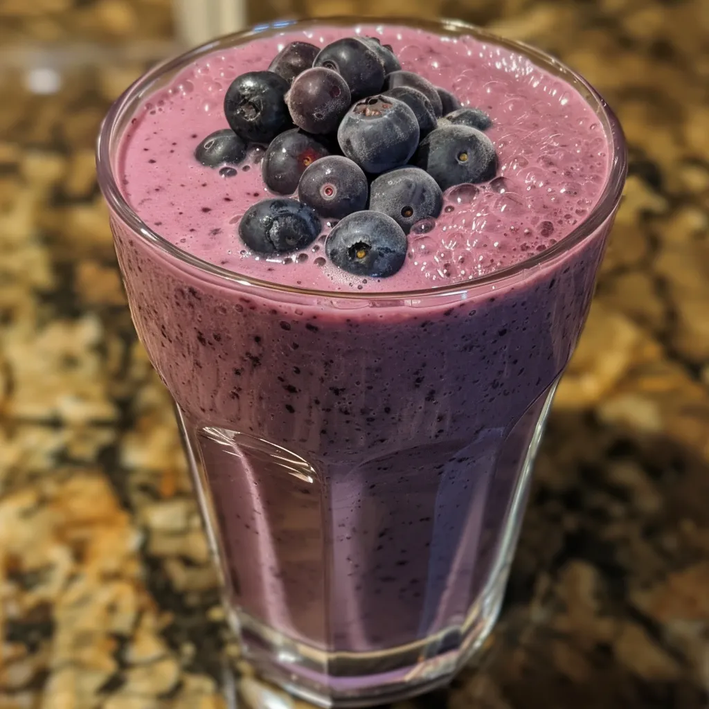 Side view of a creamy blueberry yogurt smoothie with a straw, highlighting its thick texture.
