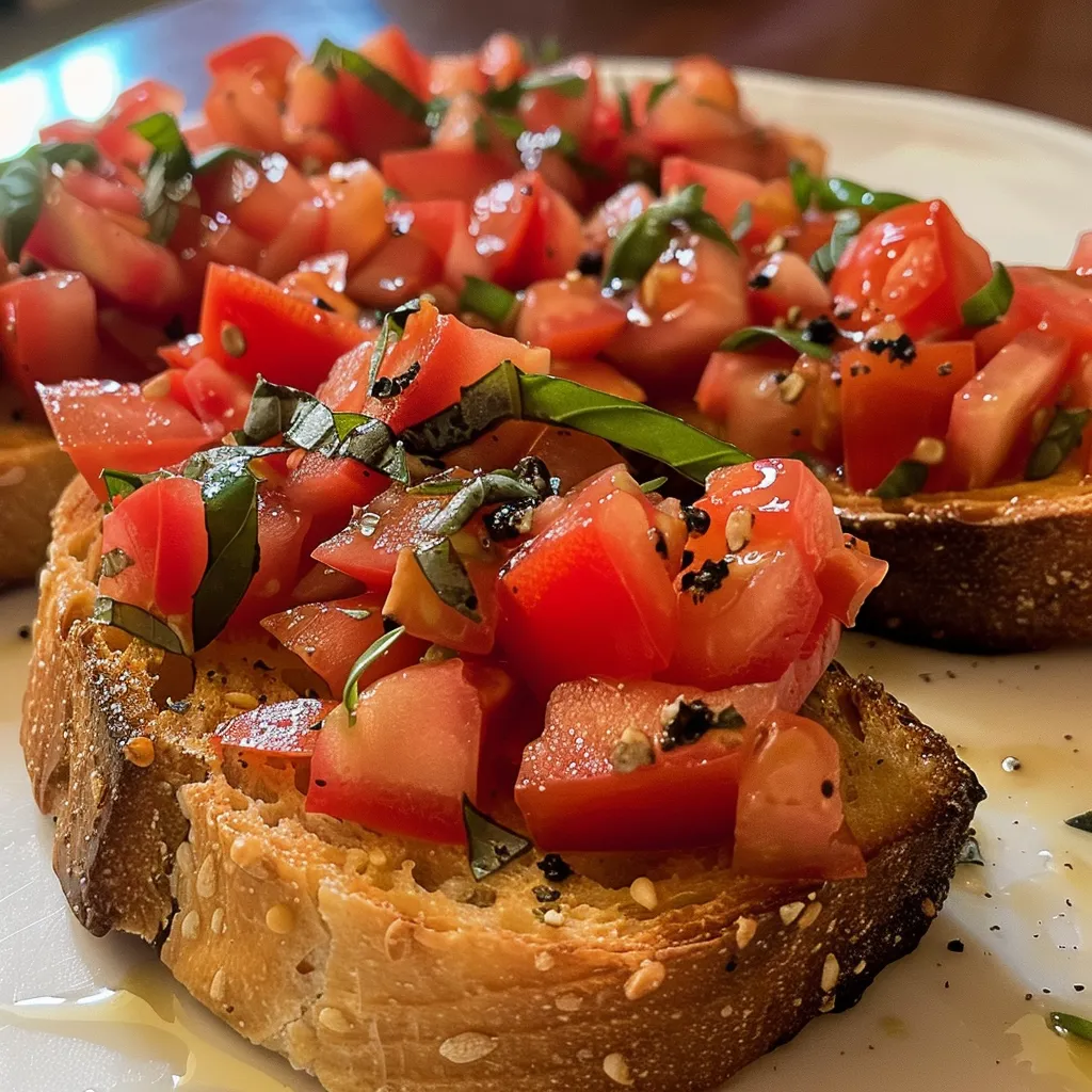 Side angle of a Bruschetta slice with colorful tomato garnish.