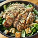 Close-up view of a Caesar Chicken Bowl featuring grilled chicken, romaine lettuce, and croutons.