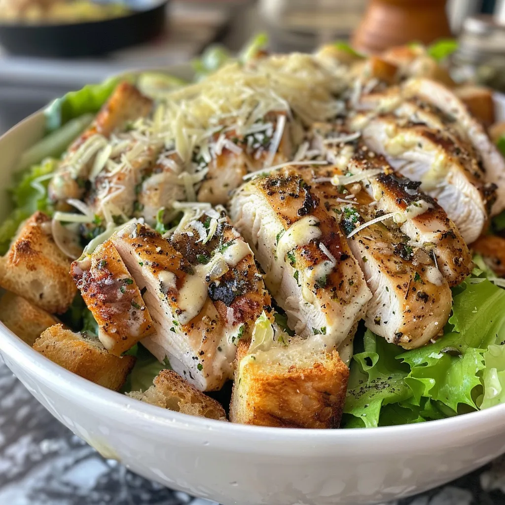 Side view of a delicious Caesar Chicken Bowl with layers of chicken, lettuce, and cheese.