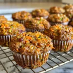 Close-up of moist carrot zucchini mini muffins on a wooden table.