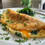 A close-up view of a cheesy spinach omelet with visible green spinach and melted cheddar cheese.