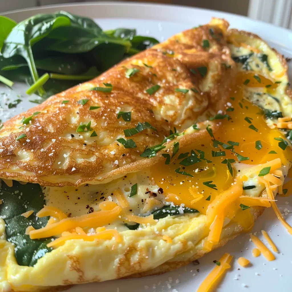 Side view of a golden omelet filled with spinach and cheese, garnished with fresh parsley.