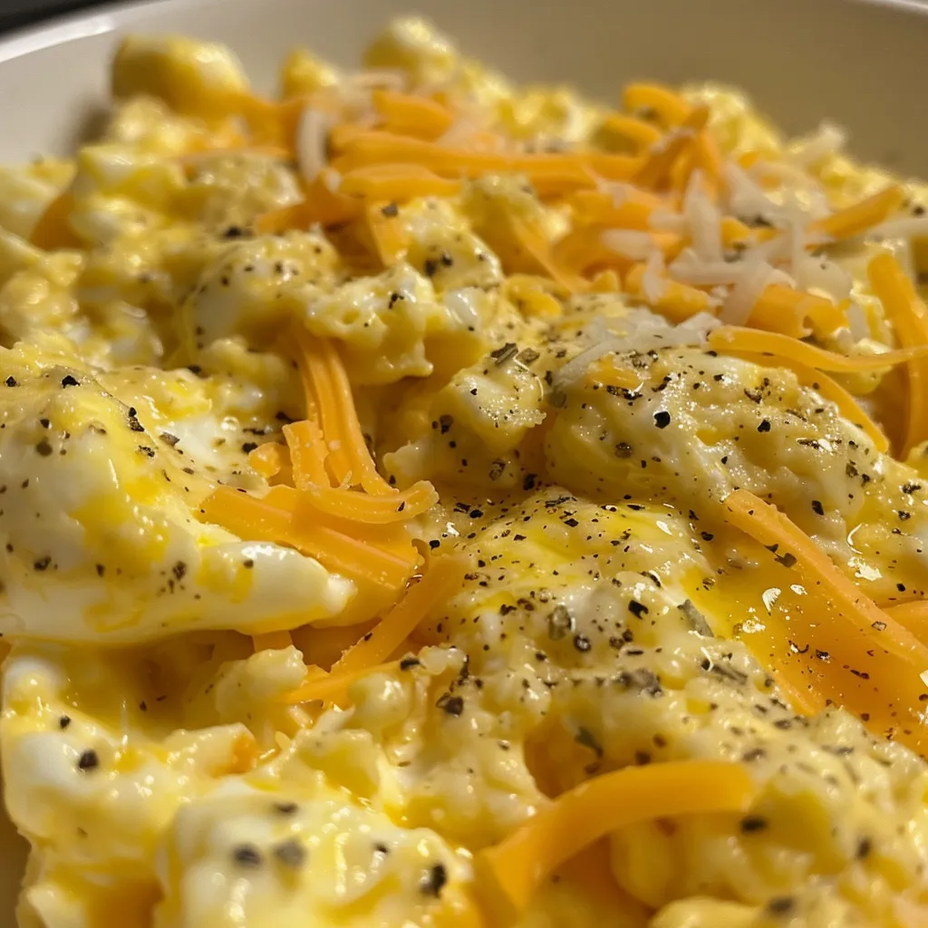 Juicy scrambled eggs with melted cheddar cheese, side view.
