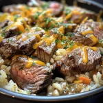 A close-up side view of a vibrant Cheesy Steak and Rice Skillet featuring juicy steak pieces and melted cheese.