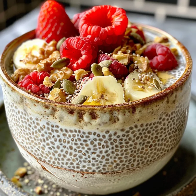 Close-up of a creamy chia pudding topped with fresh fruits in a glass jar.