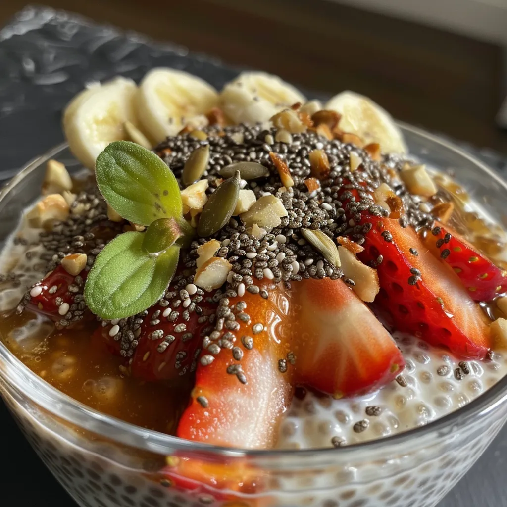 Side view of a delightful chia pudding adorned with nuts and seeds in a bowl.