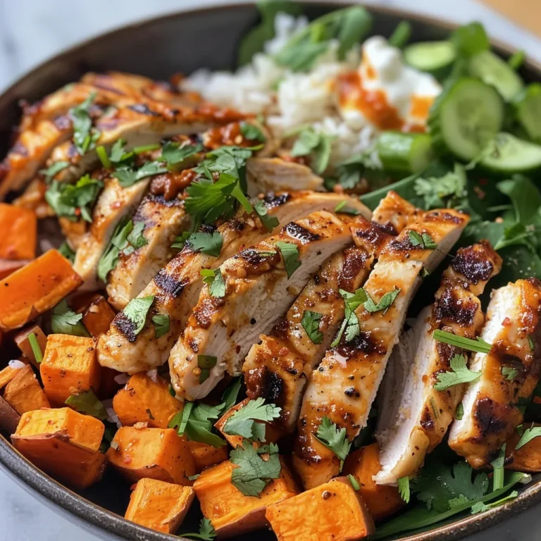 Wholesome Chicken and Sweet Potato Bowls for Everyday Enjoyment Close-up of a Chicken and Sweet Potato Bowl with garnished green vegetables.