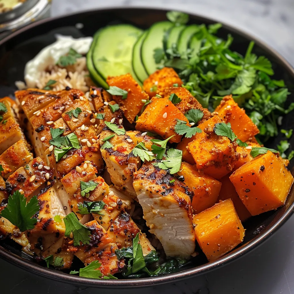 Juicy chicken pieces and sweet potatoes in a bowl, served with rice and yogurt.