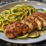Close-up view of juicy chicken breast served with spiralized zucchini noodles.