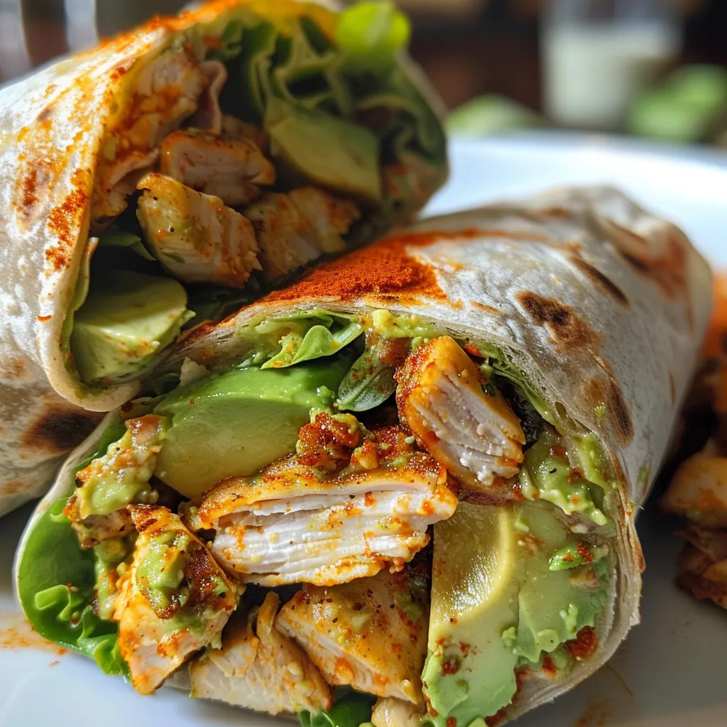 Side view of a juicy Chicken Avocado Wrap on a white plate.
