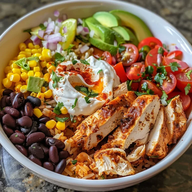 Close-up view of a Chicken Burrito Bowl with vibrant ingredients.