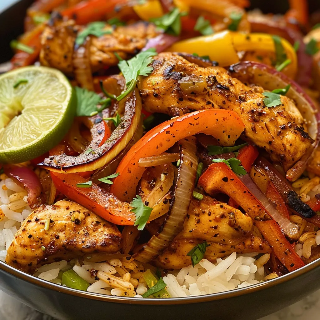 Side view of a Chicken Fajita Rice Bowl with vibrant ingredients.