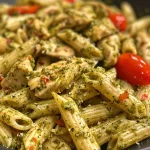Close-up of a dish featuring Chicken Pesto Pasta with a vibrant green pesto sauce.