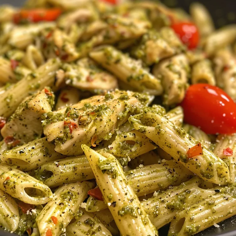 Close-up of a dish featuring Chicken Pesto Pasta with a vibrant green pesto sauce.
