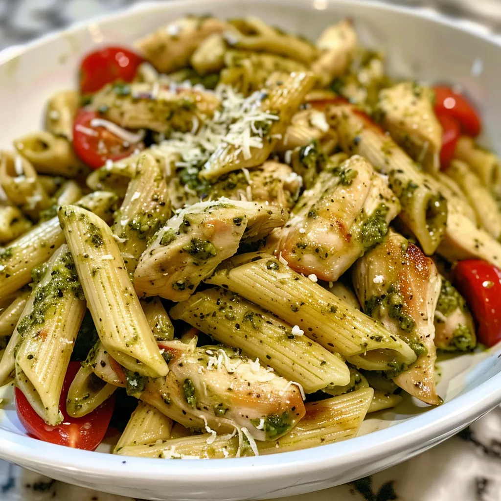 Side view of Chicken Pesto Pasta topped with grated Parmesan and fresh herbs.