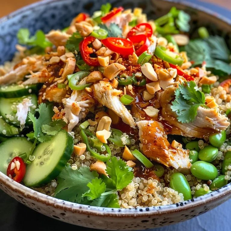 Close-up side view of a colorful Chicken Satay Crunchy Quinoa Salad with vibrant ingredients.