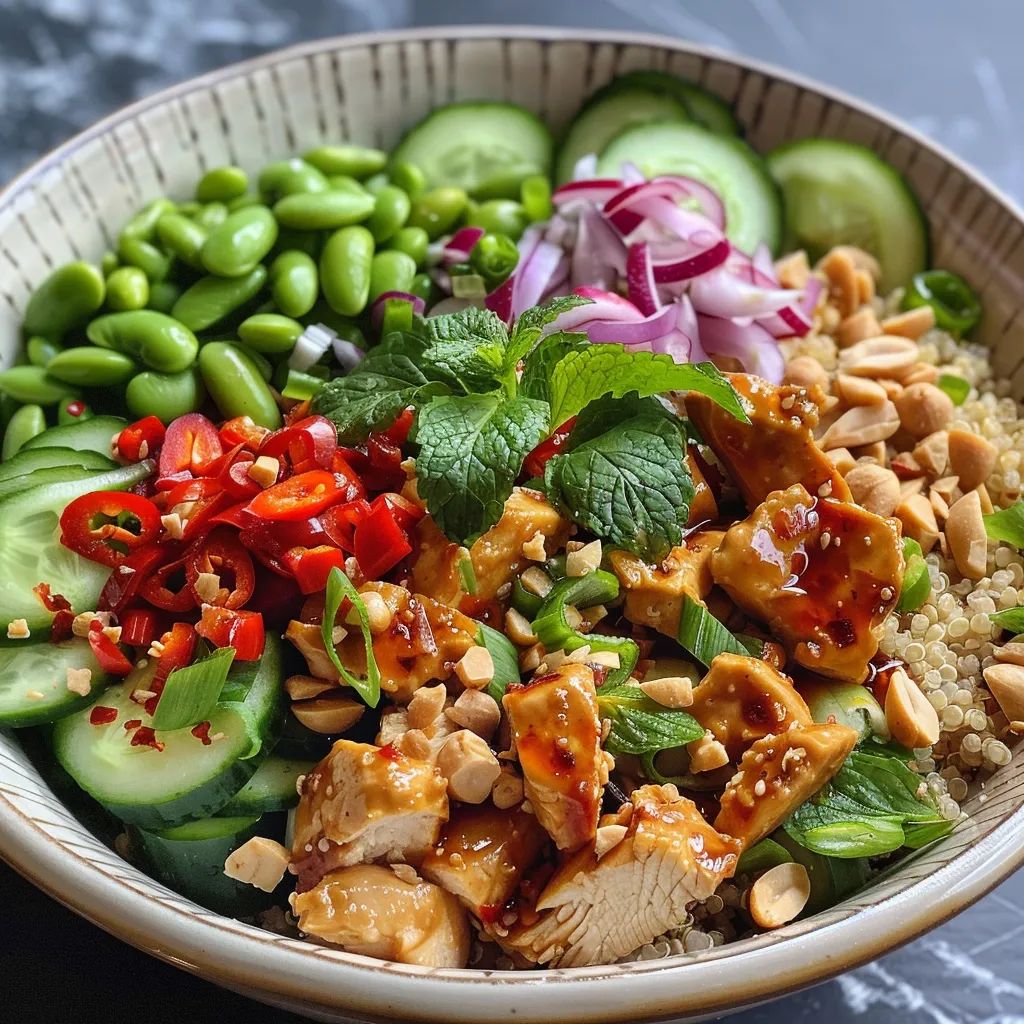 Juicy Chicken Satay Crunchy Quinoa Salad featuring chopped vegetables and shredded chicken.