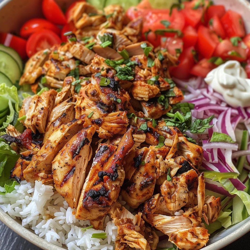 Juicy Chicken Shawarma served in a bowl with rice and fresh vegetables.