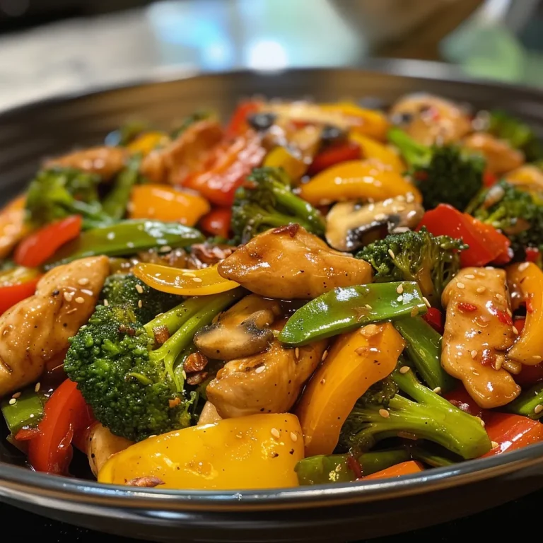 Close-up of juicy chicken stir fry with vibrant vegetables.