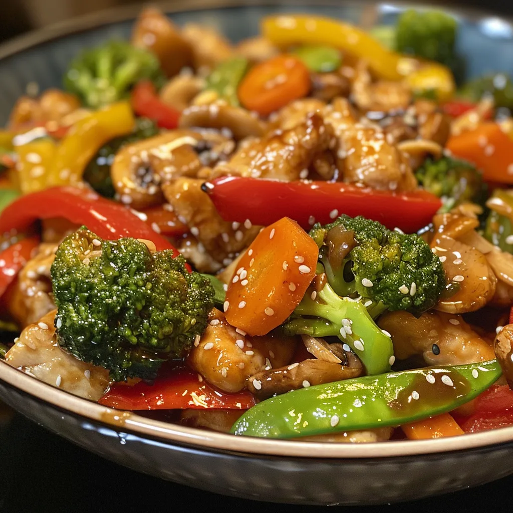 Side view of a colorful chicken stir fry featuring broccoli and bell peppers.