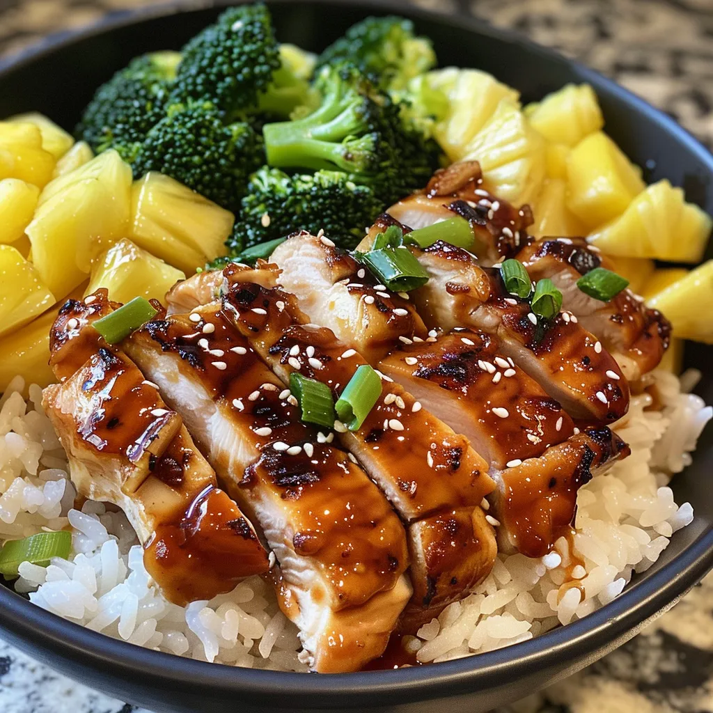 Side view of a Chicken Teriyaki Bowl showcasing tender chicken thighs, vibrant broccoli, and bright pineapple chunks.