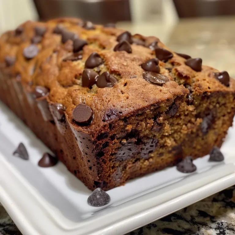 A close-up view of a moist slice of chocolate chip banana bread with chocolate chips visible.