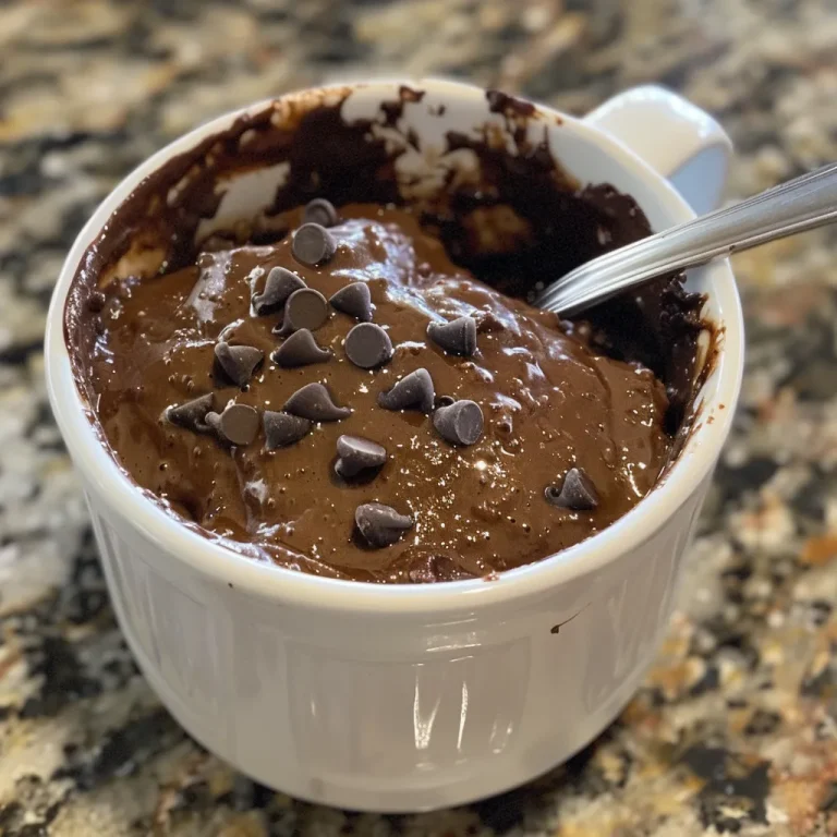 A close-up side view of a moist chocolate protein mug cake.
