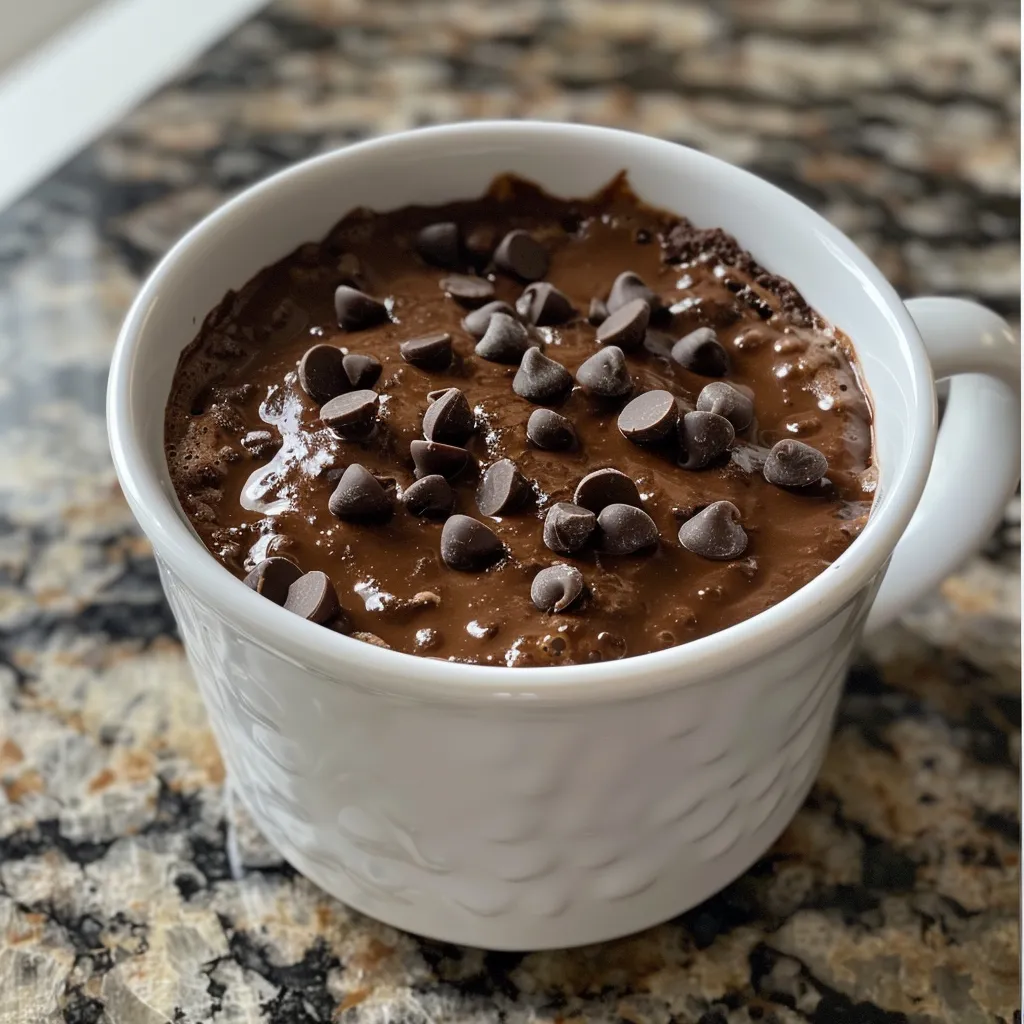A juicy chocolate protein mug cake in a white mug with a rich texture.