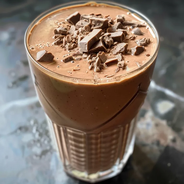 Close-up of a creamy chocolate protein shake in a glass, with a thick texture and optional peanut butter on display.