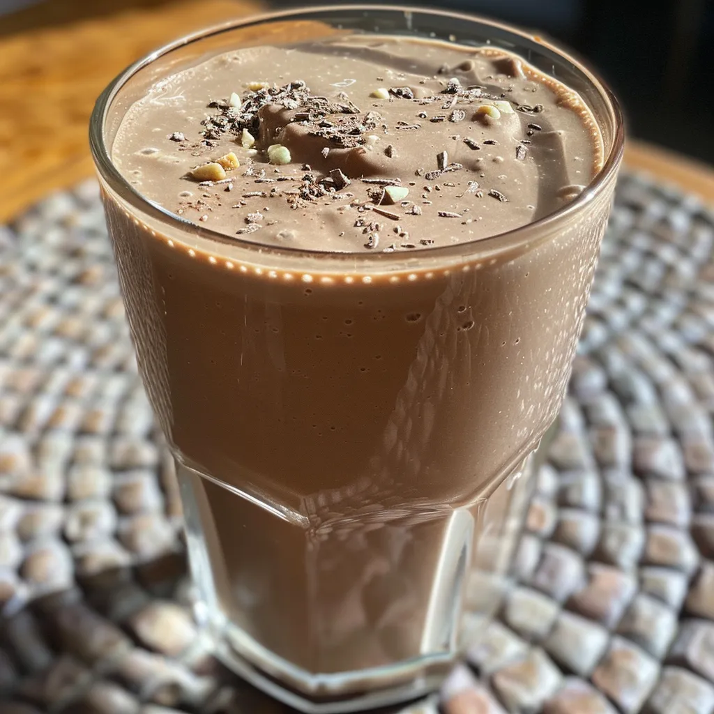 Side view of a rich chocolate protein shake, highlighting its smooth consistency and garnished with a spoonful of peanut butter.