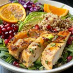 Close-up of a vibrant Citrus Chicken Quinoa Salad with fresh ingredients.