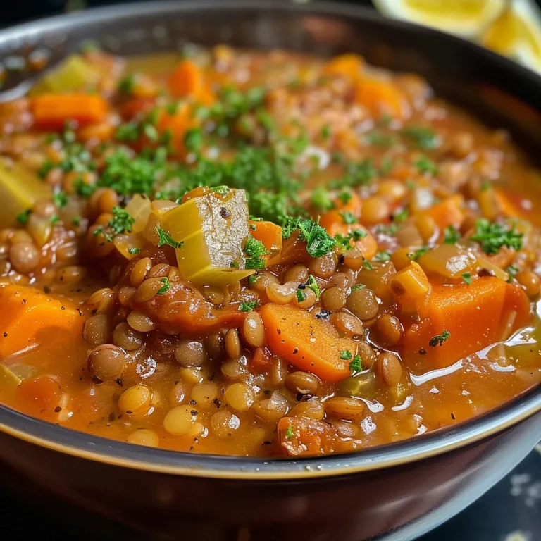 Close-up view of a bowl of Classic Lentil Soup with vibrant vegetables.