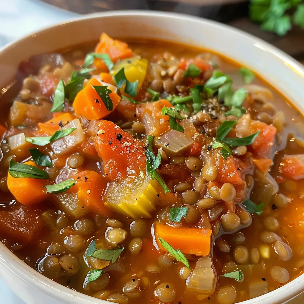 Delicious Classic Lentil Soup featuring green lentils and fresh garnishes.