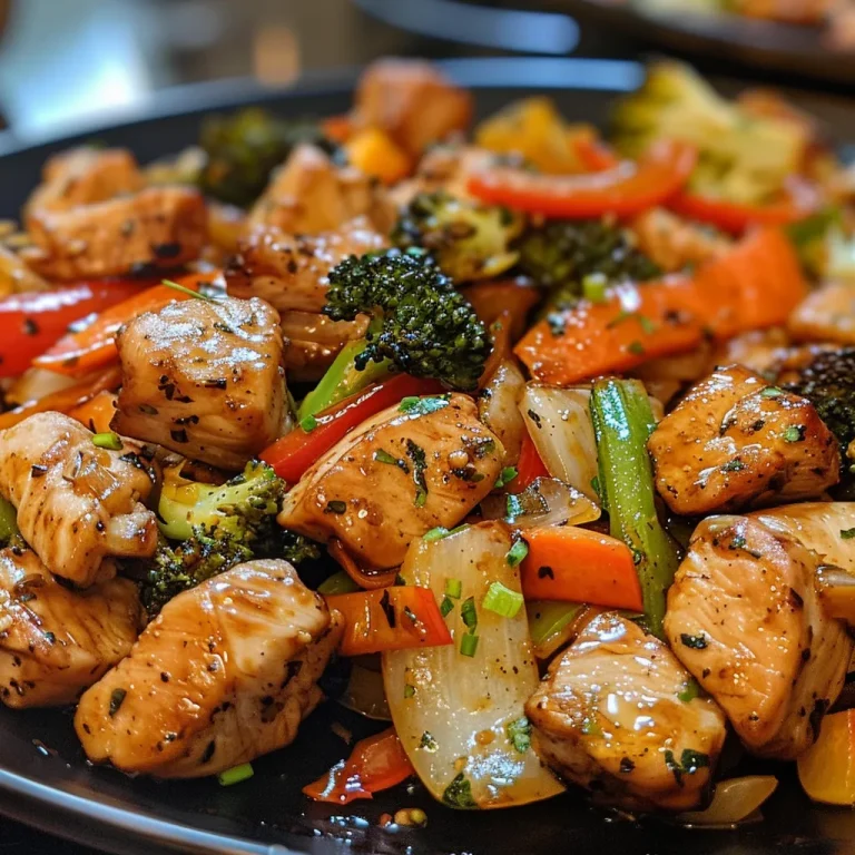 A colorful stir fry featuring chicken and various vegetables in a bowl.