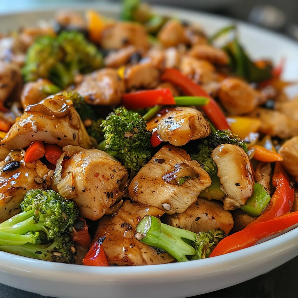 A close-up side view of a chicken veggie stir fry, showcasing vibrant colors and textures.