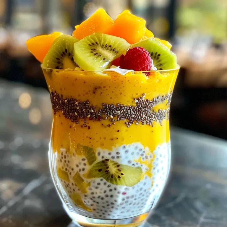 Close-up view of layered coconut chia pudding parfait with tropical fruits and turmeric.