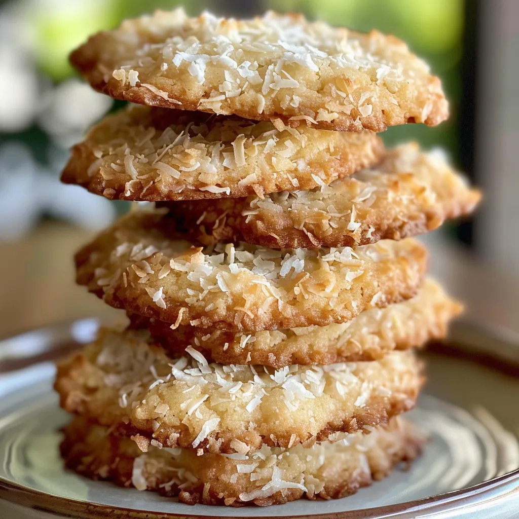 A side view of freshly baked coconut cookies sprinkled with shredded coconut.