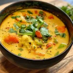 Close-up view of a bowl of Coconut Curry Soup with vibrant vegetables.