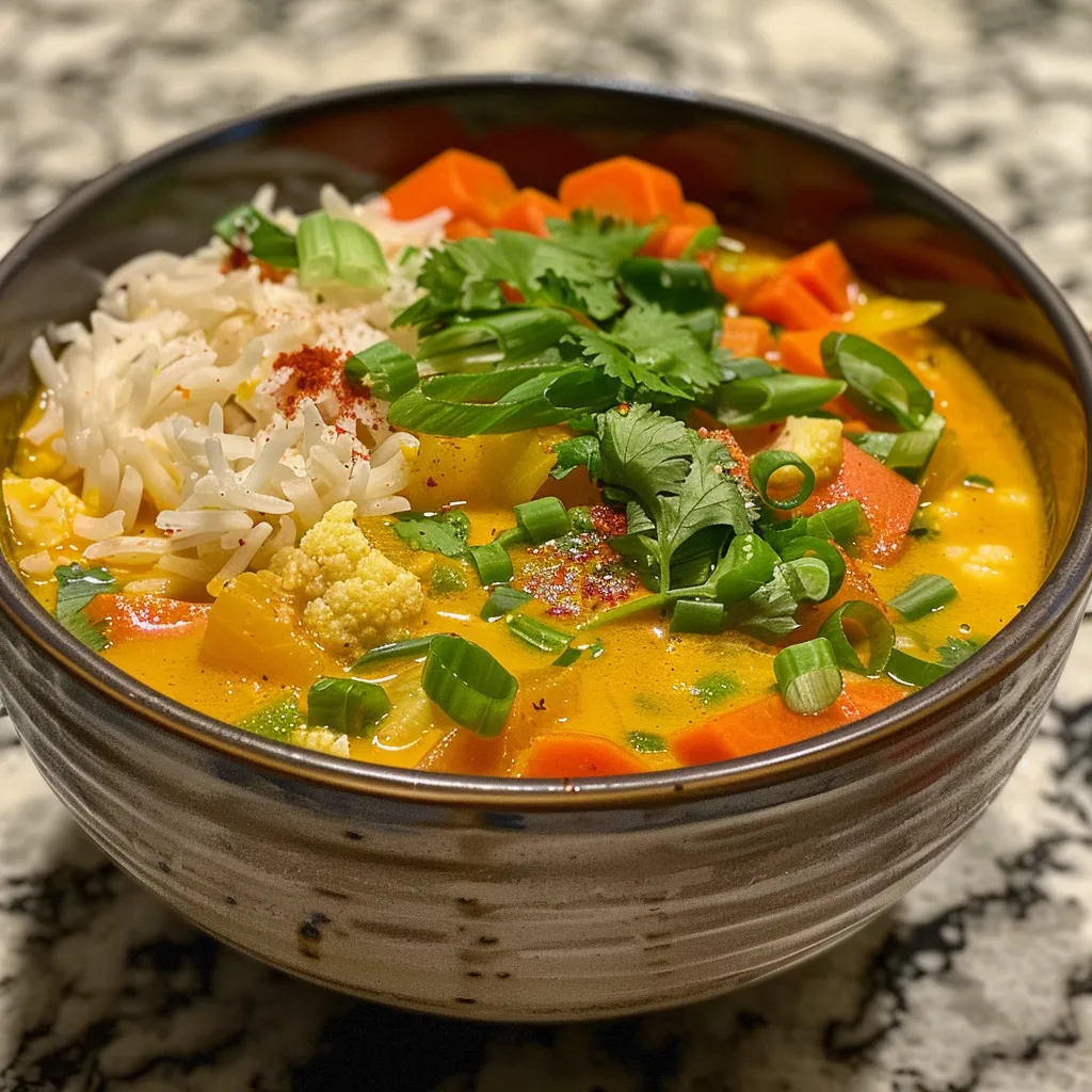 Side view of a creamy Coconut Curry Soup filled with colorful ingredients.