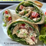 Close-up view of a creamy chicken salad wrap filled with colorful ingredients.