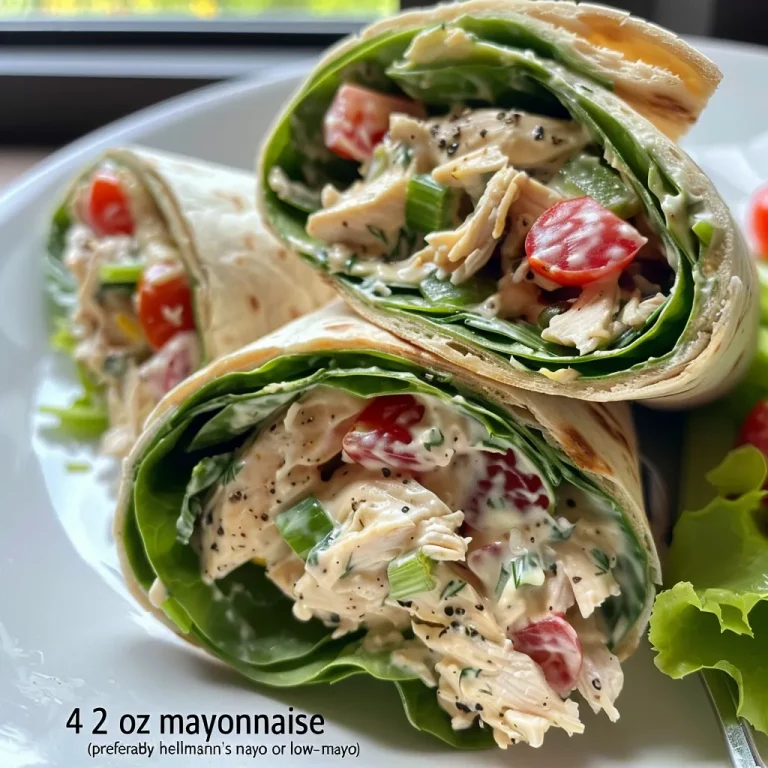 Close-up view of a creamy chicken salad wrap filled with colorful ingredients.
