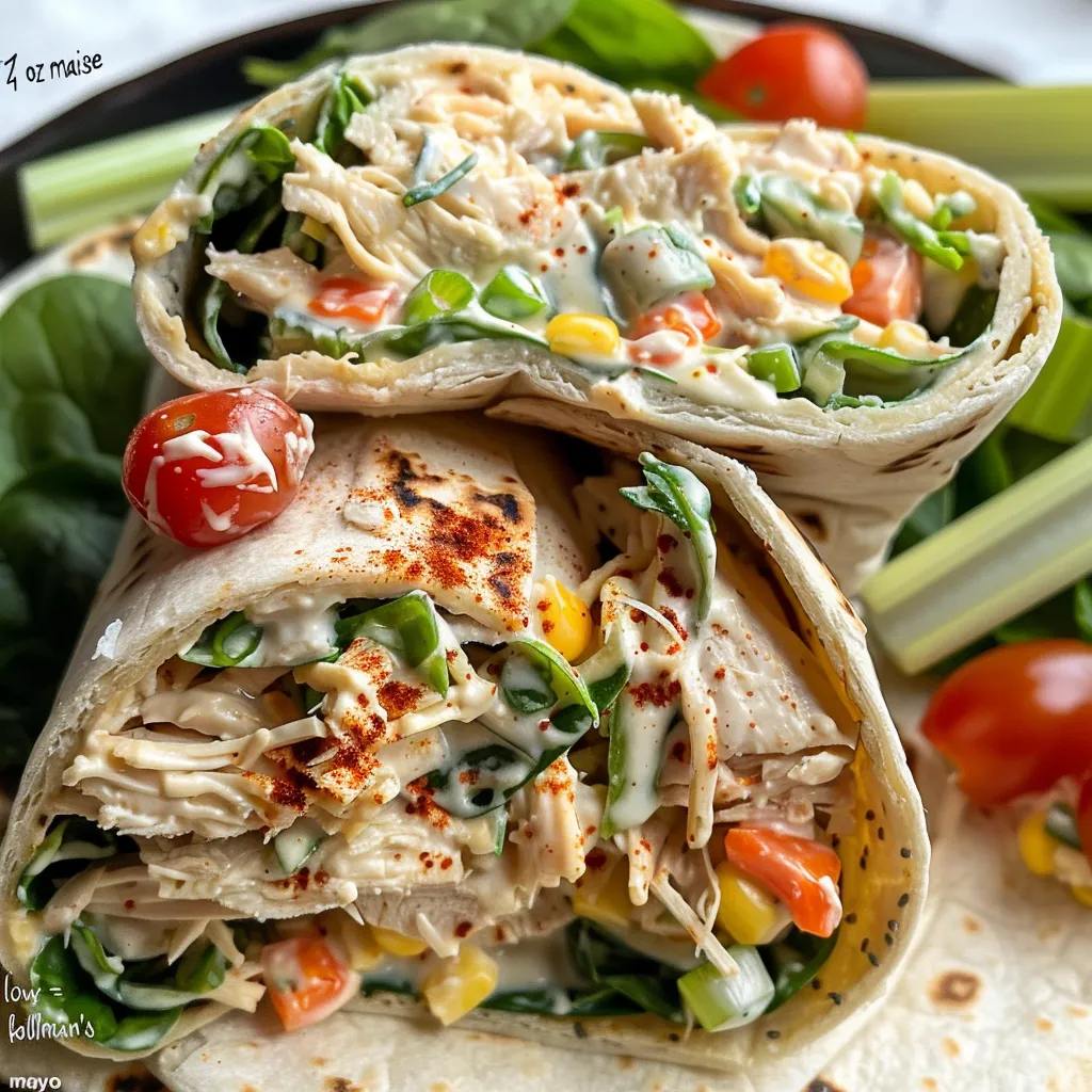 Delicious creamy chicken salad wrap showcased with fresh vegetables and a tortilla.