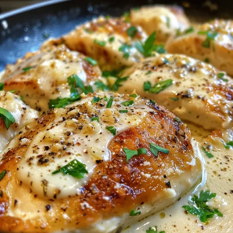 Close-up of creamy garlic Parmesan chicken in a skillet, glistening with sauce.