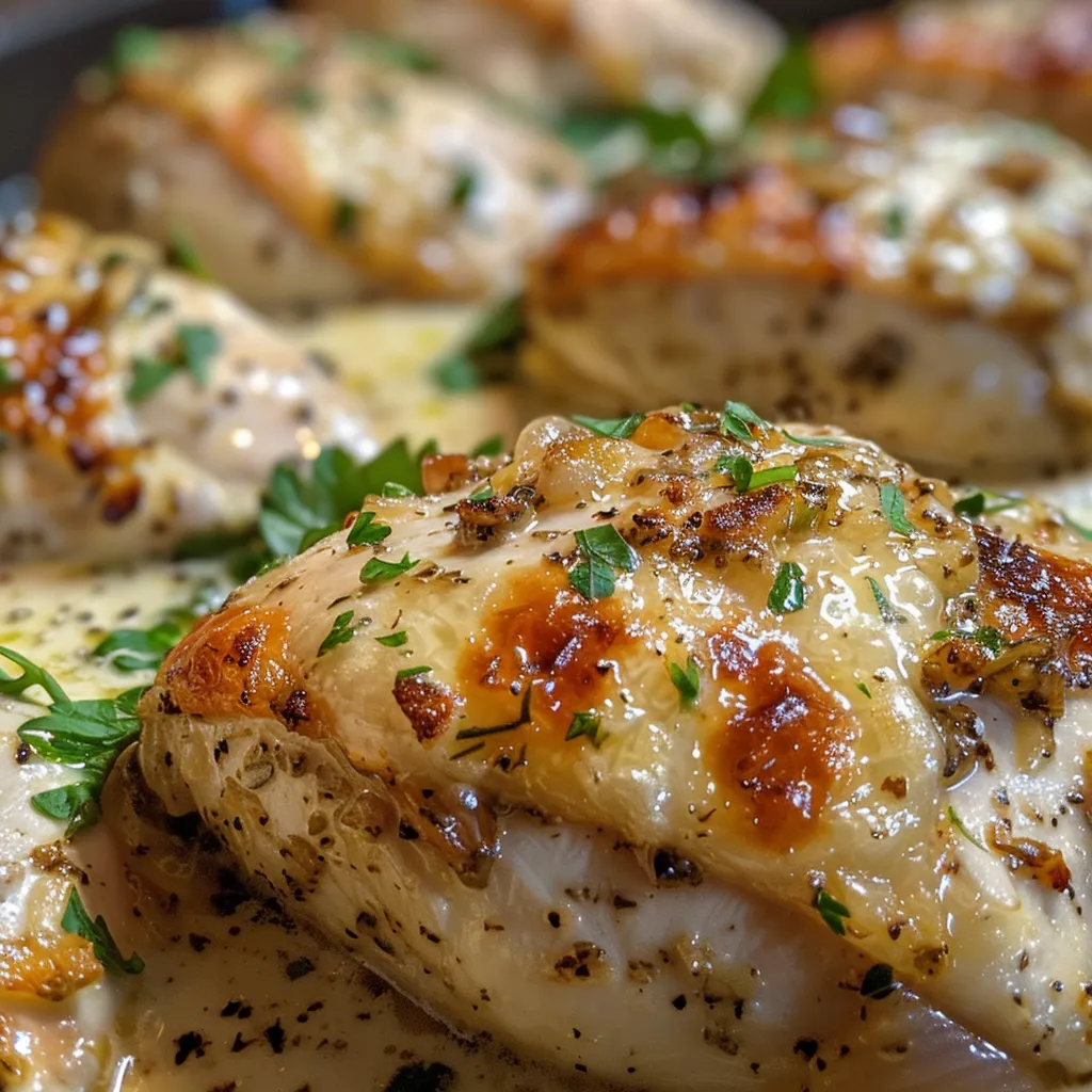Juicy chicken breasts coated in creamy garlic Parmesan sauce, garnished with parsley.