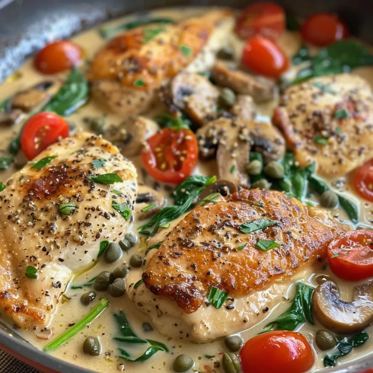 Close-up of a creamy Mediterranean chicken skillet with vibrant spinach and cherry tomatoes.