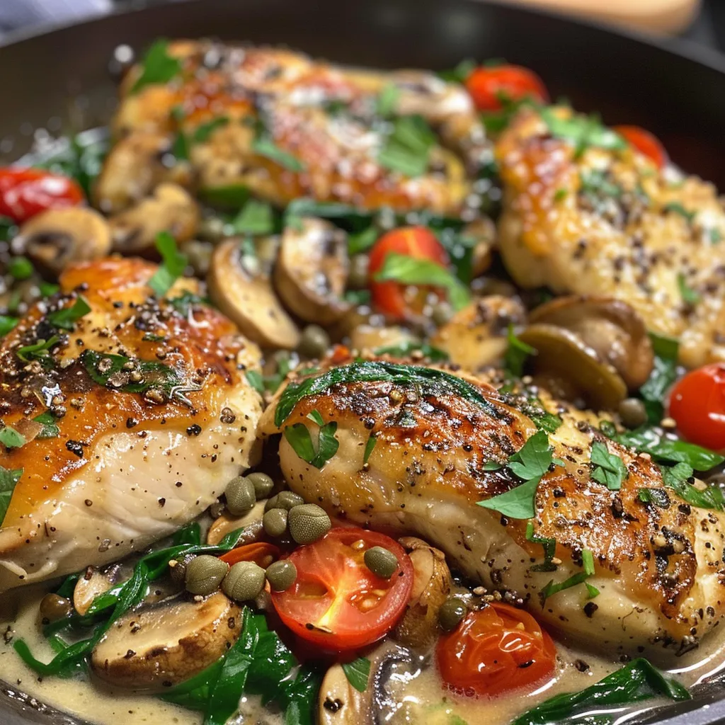 Juicy chicken breasts in a creamy sauce with mushrooms, garnished with parsley.